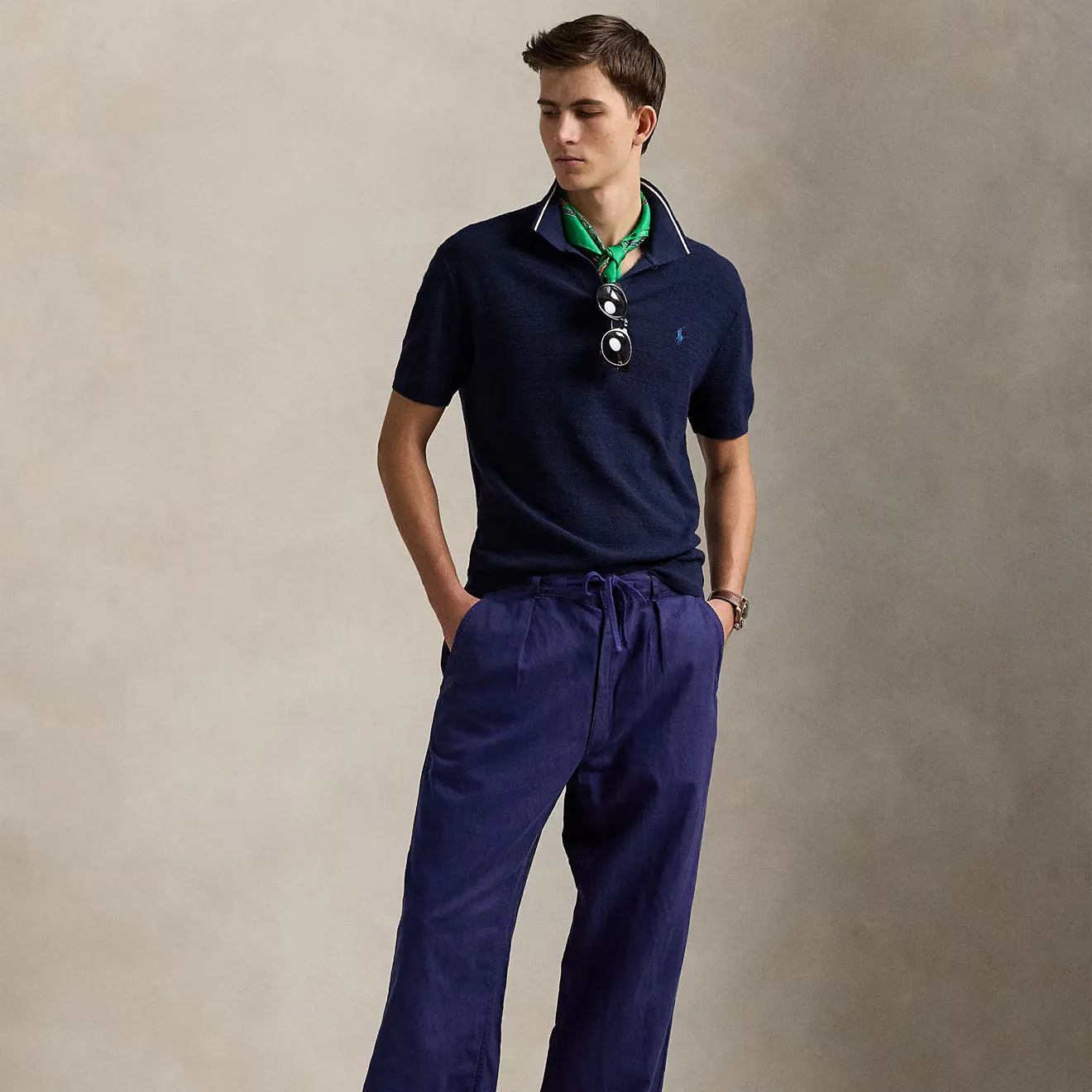 Polo Ralph Lauren Pleated Cotton Linen Pants Newport Navy