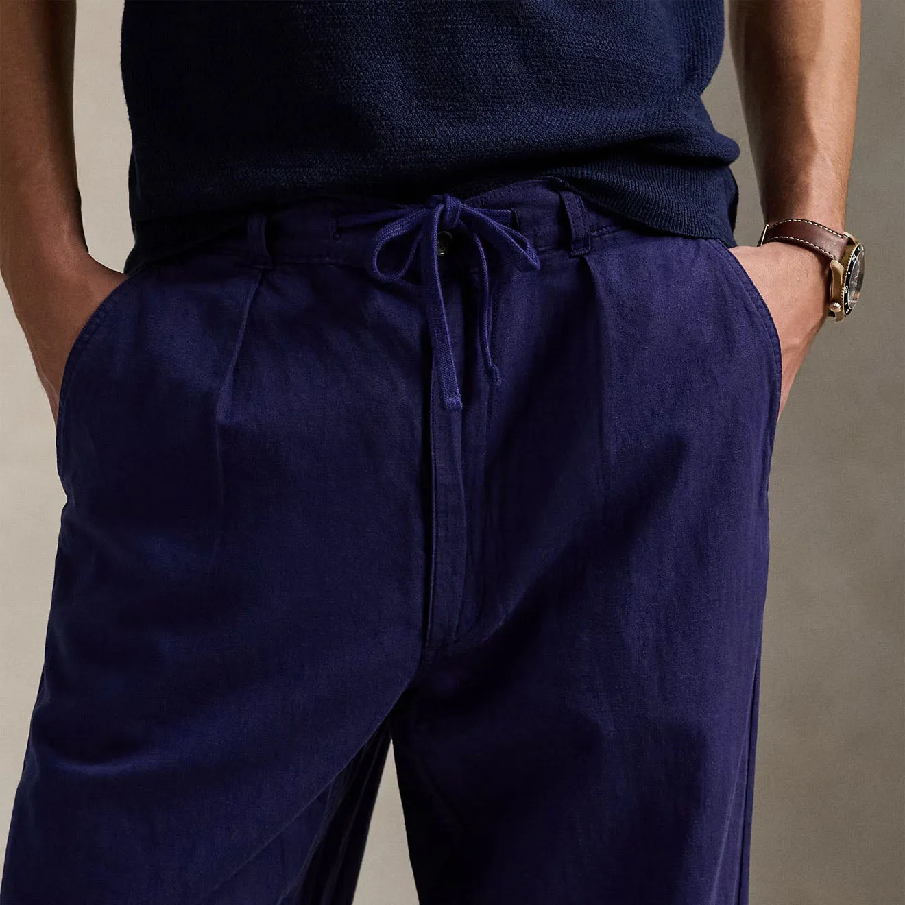 Polo Ralph Lauren Pleated Cotton Linen Pants Newport Navy