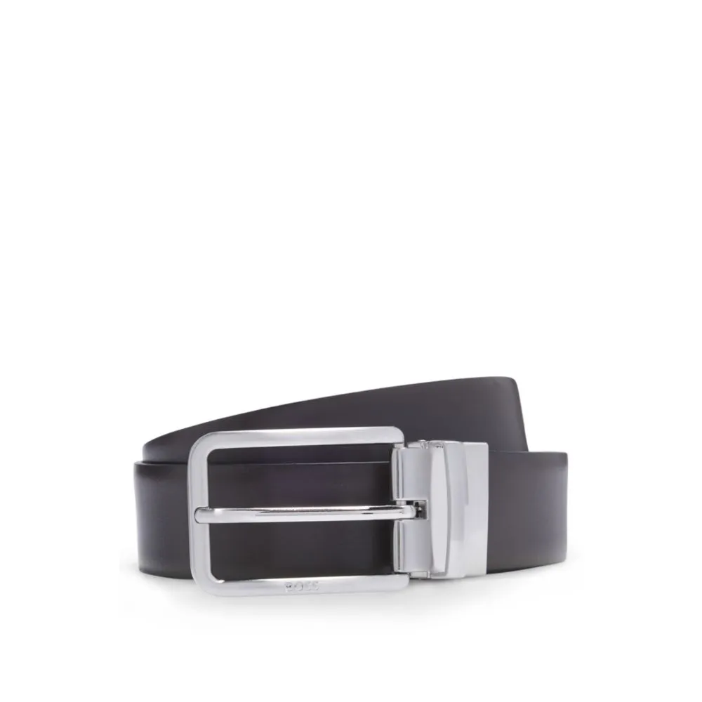 Reversible belt in grained and plain leather