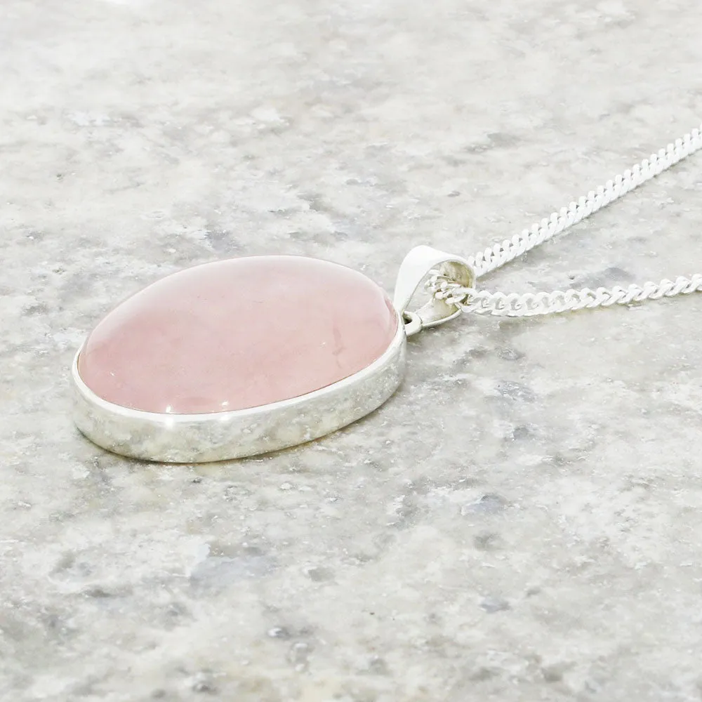 Rose Quartz Sterling Silver Oval Pendant and Chain