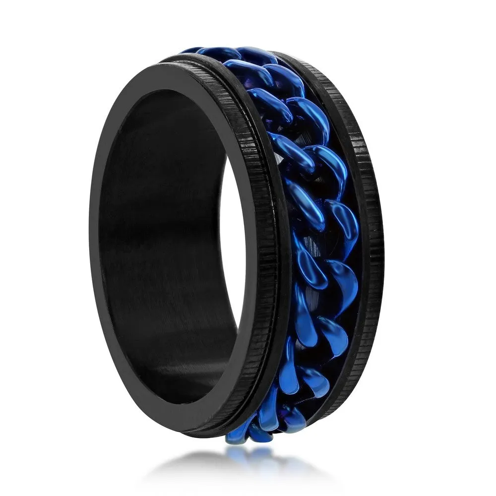 Stainless Steel Black w/ Blue Cuban Link Ring