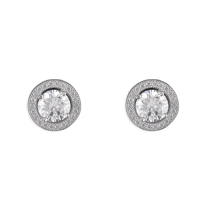 Sterling Silver Cubic Zirconia Halo Ladies Stud Earrings